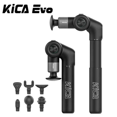 KiCA Evo portable fascia gun with adjustable L-shaped handle and six massage heads for deep tissue muscle recovery