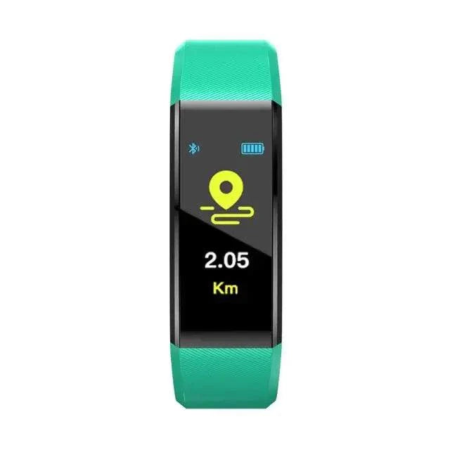 Smart sports bracelet with heart rate, blood pressure, step tracking, and distance measurement in teal color.