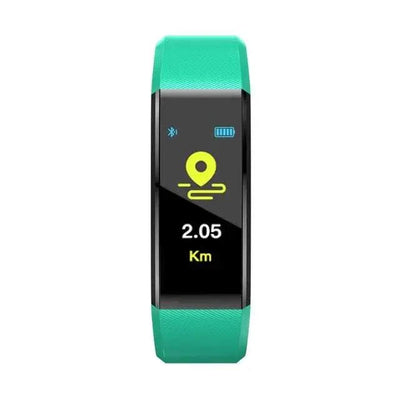 Smart sports bracelet with heart rate, blood pressure, step tracking, and distance measurement in teal color.