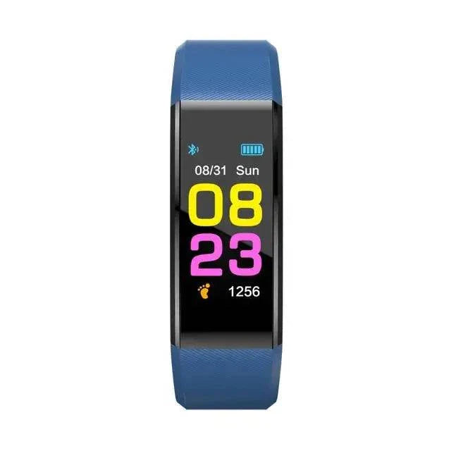 Blue smart sports bracelet with digital OLED display showing time, date, battery, step count, heart rate and fitness tracking features