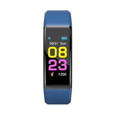 Blue smart sports bracelet with digital OLED display showing time, date, battery, step count, heart rate and fitness tracking features