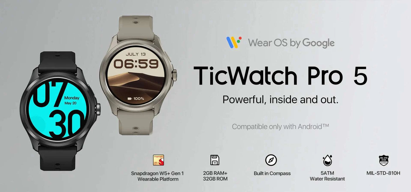 TicWatch Pro 5 Smartwatch – Wear OS, Long Battery, Waterproof
