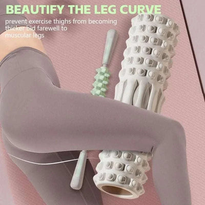 white high density foam muscle massage roller on pink background with person using it on leg