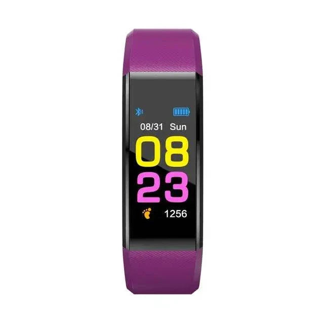 Smart sports bracelet with heart rate, blood pressure, step tracker, 0.96-inch OLED screen, purple silicone band, fitness and sleep monitoring features.