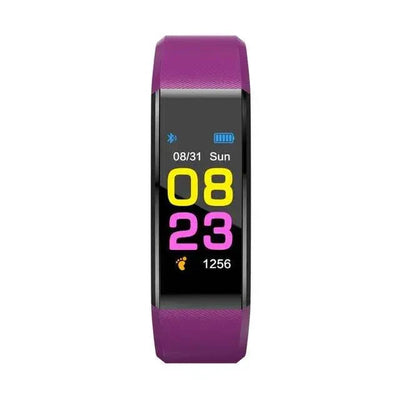 Smart sports bracelet with heart rate, blood pressure, step tracker, 0.96-inch OLED screen, purple silicone band, fitness and sleep monitoring features.