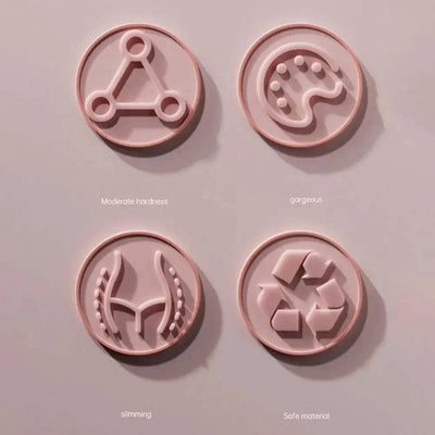 Pink foam muscle massage rollers icons showing moderate hardness, gorgeous design, slimming effect, and safe material features