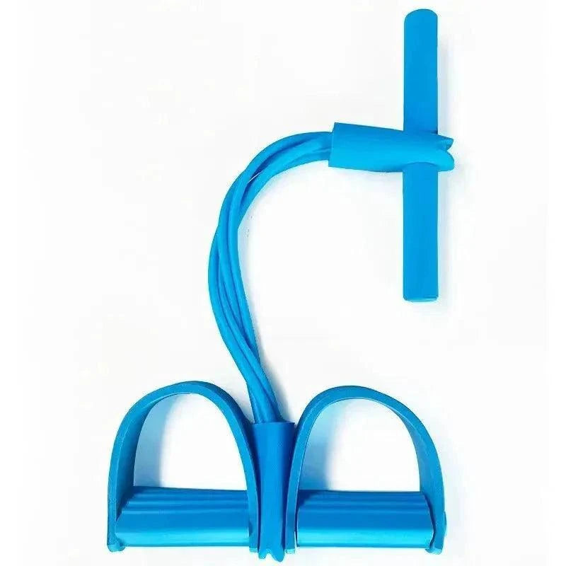 Blue four-tube pedal tensioner resistance band with foam handle for home workout and ab training