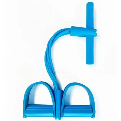 Blue four-tube pedal tensioner resistance band with foam handle for home workout and ab training