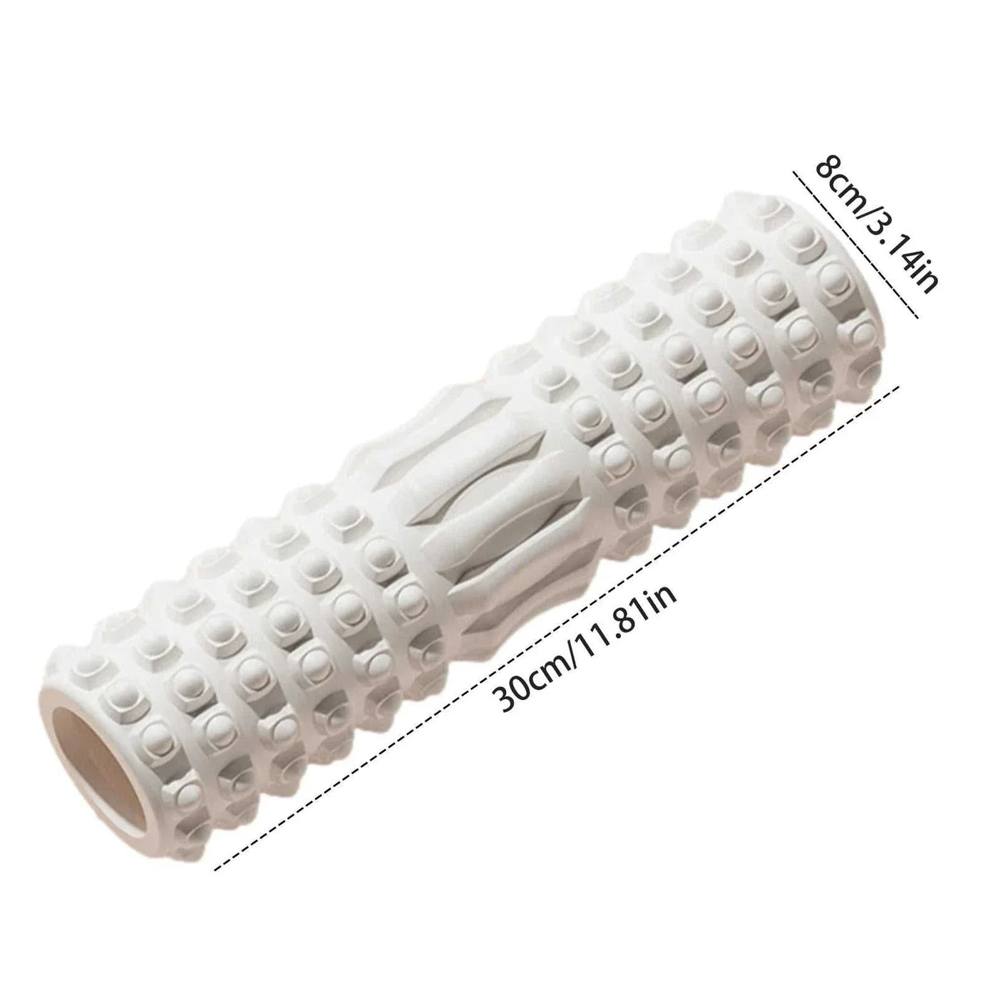 White high density foam muscle massage roller with textured surface for body recovery and stretching, 30cm length and 8cm diameter.