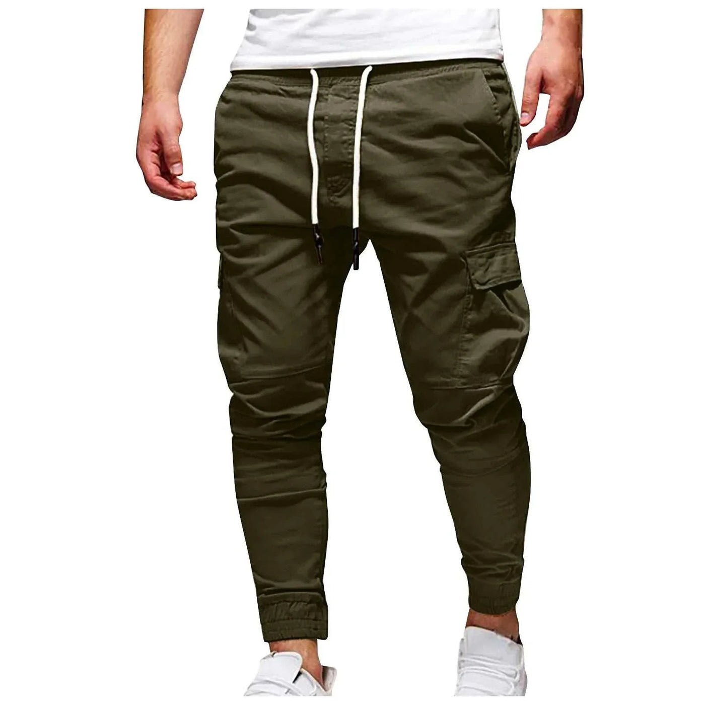 Men’s outdoor waterproof hiking pants in olive green, breathable, quick-dry, loose fit with drawstring waist and cargo pockets, ideal for camping summer hiking.