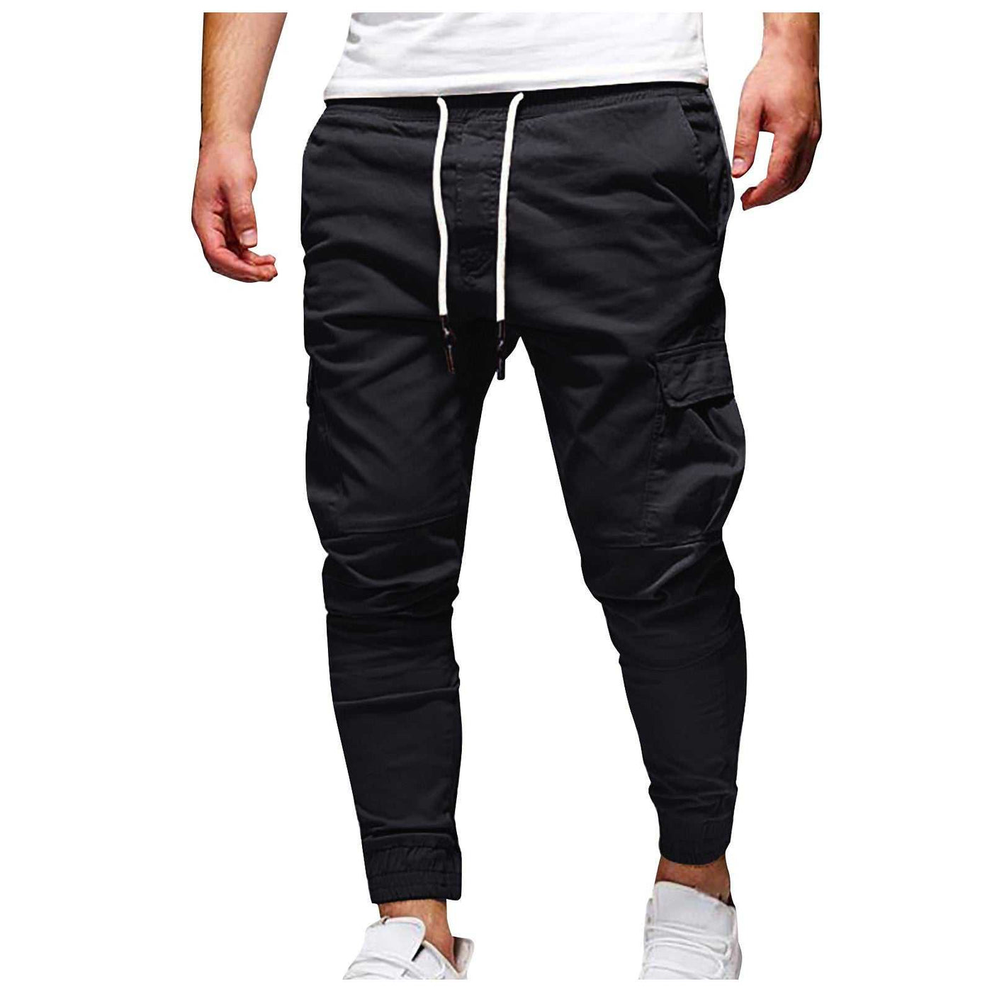 Men's black waterproof hiking pants with drawstring waist and pockets, breathable quick-dry fabric for camping summer hiking.