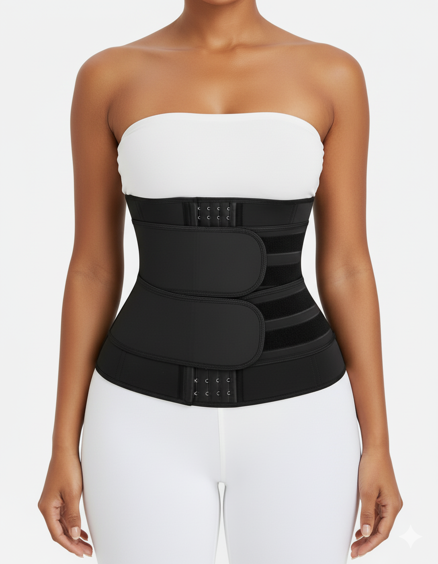 Neoprene waist trainer sweat belt for women, black slimming body shaper with adjustable heat and compression.