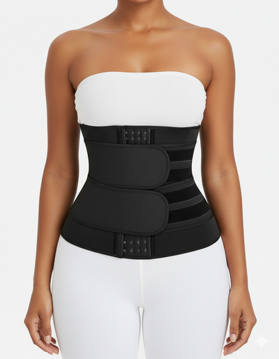 Neoprene waist trainer sweat belt for women, black slimming body shaper with adjustable heat and compression.