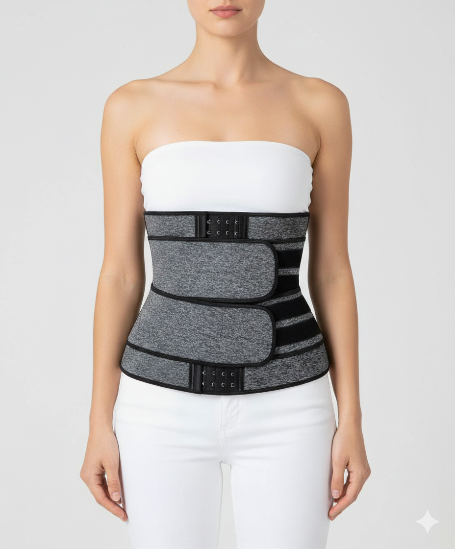 Woman wearing gray neoprene waist trainer sweat belt for slimming and body shaping