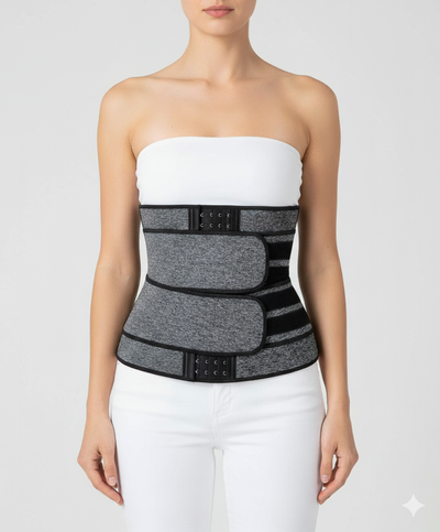 Woman wearing gray neoprene waist trainer sweat belt for slimming and body shaping
